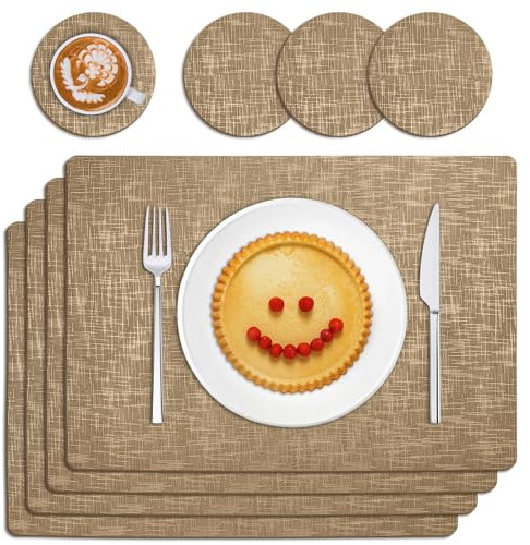 TOPAHGOD Placemats and Coaster Sets 4, Square Non-Slip Stain Resistant Heat Resistant Dining Table Mats, 43 x 30cm Washable PU Leather Kitchen Place mats for Indoor and Outdoor Table (Gold)