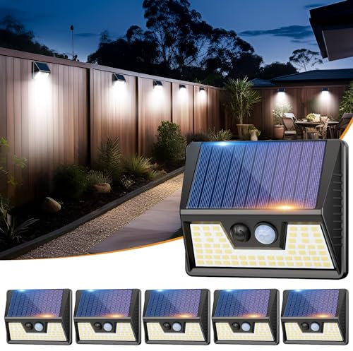 vighep 6 Paquete Foco Solares Exterior con Sensor de Movimiento, 3 Modes Focos Led Exteriores solares, IP65 Impermeable 270° Aplique Solar Potente para Jardín, Garaje, Patio, Caminos(Blanco Frío)