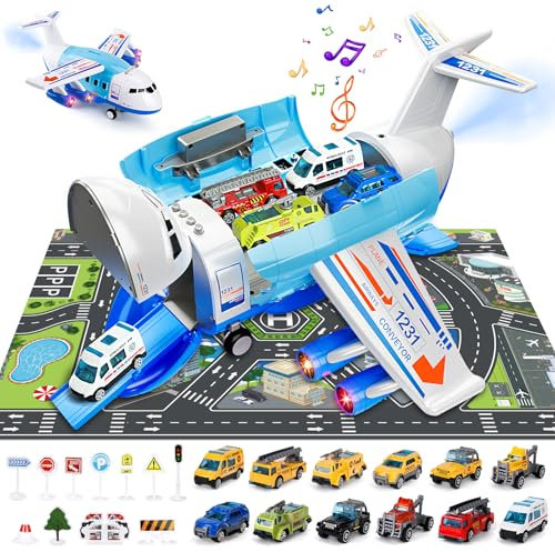 BuzzoXerex Avion Jouet Transport, Avion Cargo avec Lumières et Sons, Kit de Transporteur Avion avec 12 Pièces de Petite Voiture de Construction, Cadeaux pour Garçons et Filles de 5 6 7 8 Ans (Bleu)