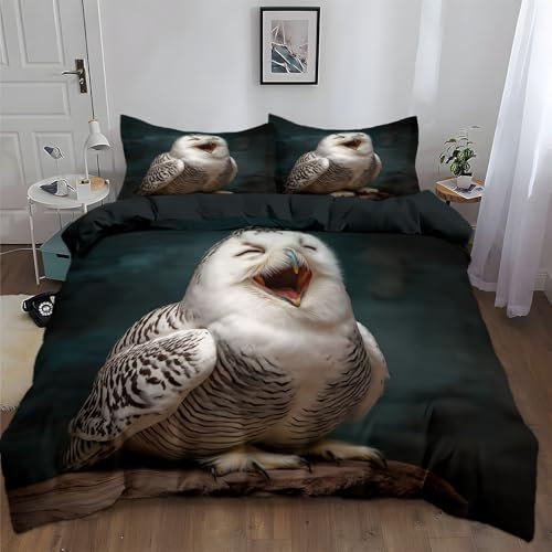 Quixora Bettwäsche 135 x 200 cm Wende Bettbezug Set 3 Teilig, Dunkelgrau Blau, Muster Tier glücklich Schnee-Eule Vogel, Weiche Microfaser Bettbezug mit Reißverschluss und 80x80cm Kissenbezug