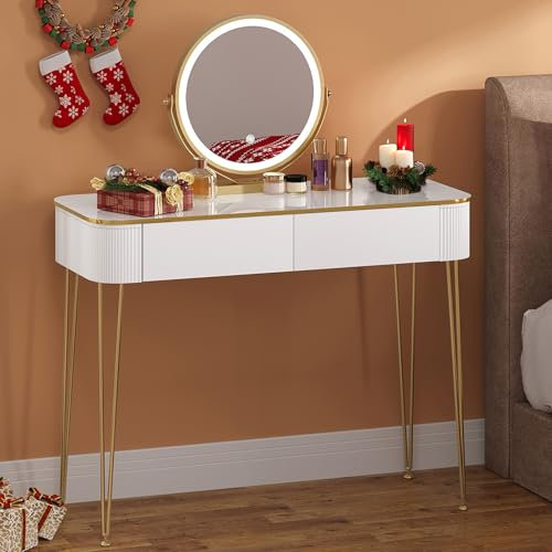 eSituro Schminktisch mit LED-Beleuchtung, 3 Farben, Frisiertisch mit Spiegel und Hochglanz Tischplatte 100x40 cm, Kosmetiktisch mit 2 Schubladen aus Massivholz, mit Metallbeine, modern, weiß Gold