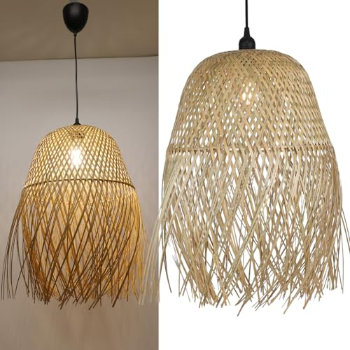 Alpinaluz Hängelampe aus natürlichem Weidengeflecht, Ø 39 cm, handgefertigtes Design mit Fransen und Bambus, verstellbares Kabel und schwarze Floron, ideal für Wohnzimmer, Esszimmer