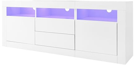 160 * 35 * 60cm Hochglanz-TV-Schrank mit LED-Beleuchtung, 3 offenen Fächern, 2 Türen, 2 Schubladen, Smart App Steuerung, für 70-Zoll-Fernseher,Hochglanz-TV-Ständer