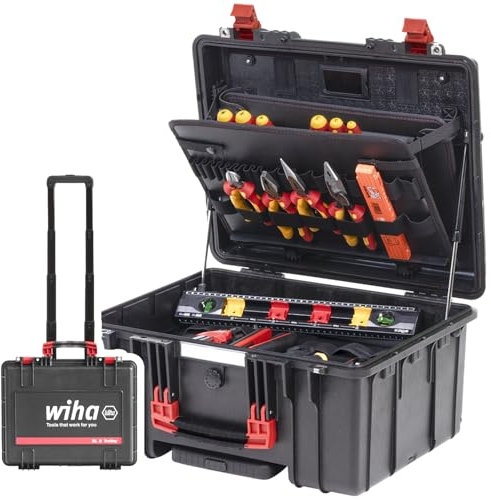 Wiha Werkzeugkoffer XL 2 Trolley electric 60-tlg. I Werkzeugtrolley für Elektriker I Werkzeugkoffer gefüllt mit Rollen I Werkzeugkasten mit Elektriker Werkzeug I mit Teleskophandgriff