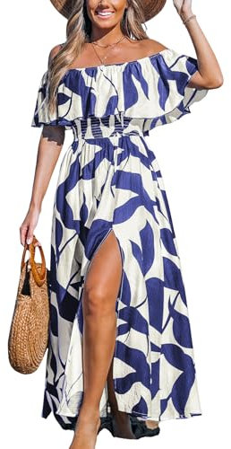 CUPSHE Women's Midi Dress Paisley V Neck Ruffled Boho Short Sleeve High Waist A Line Casual Summer Dresses Blue White M
