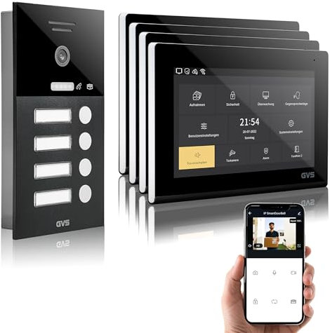 GVS - IP Video Türsprechanlage 4 Familienhaus mit Türöffner, HD Kamera, 4X 7 Zoll Monitor & App - Smarte Video Türklingel mit Kamera & Gegensprechanlage (AVS1292U)