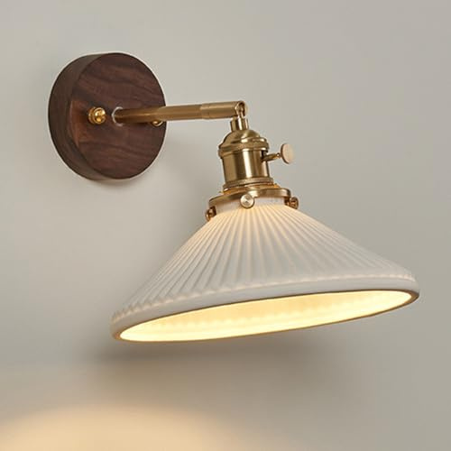 TRIVIDHA Wandleuchte Vintage mit Keramik Wandleuchte mit verstellbarem Winkel mit Schalter modern E27 Schlafzimmer Wandleuchte Kegel Plissee Wandleuchte für Küche Esszimmer