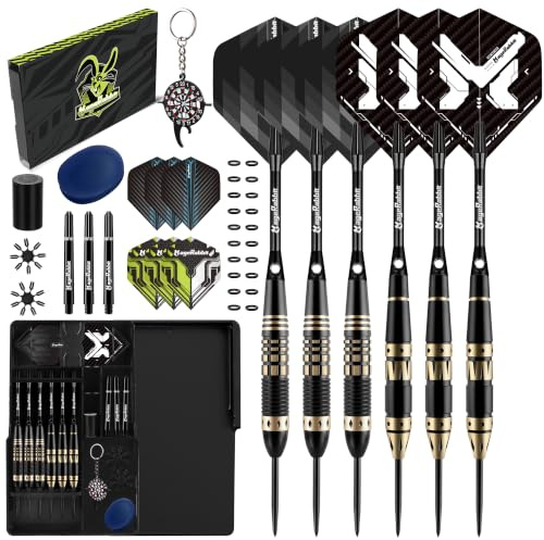 MageRabbit Dartpfeile mit Metallspitze 6pcs,SteelDarts mit 9 Dart-Schäfte + 12 Dart-Flights, professionelle Dartpfeile mit Dart Box, Flights und O-Ringen – Komplettes Set für Dartspiel