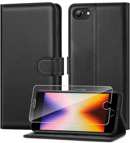 ivencase Compatible with iPhone SE 2022/2020, iPhone 7/8 Phone Case with 1 Screen Protector, [RFID Blocking] PU Leather Flip Wallet Case with Card Slots Stand Magnetic Cover 4.7 Inch - Black