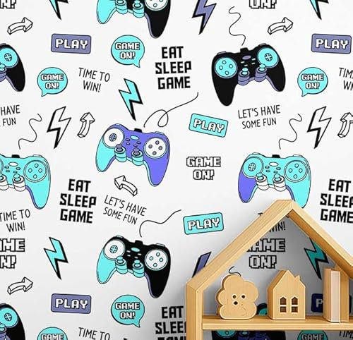S4Sassy Peel & Stick Vinyl Wallpaper, Gaming Print Wallpaper Contact Paper Waterproof - Blue, 25X 60, Removable Walls Covering for Kids Room Wall Decor, Baby Room, Playroom
