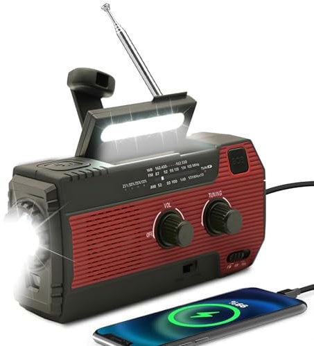 Wind Up Solar Radio,SOLARBABY Emergency Radio,Self-Powered Crank Radio with LED Torch,SOS Alarm, AM/FM Weather Radio with 4000 mAh Battery for Emergency Charging from Smartphone(Red)
