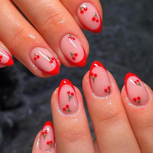 Shimmerz 24 Pieces Red Short False Nails, French Tip Stick-on Nails, with Designs Cherry Glossy Almond Shaped Acrylic Nails Art Nails
