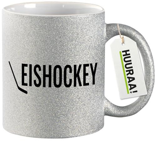 Huuraa Glitzer Tasse Eishockey Hockey Geschenk 330ml Silber Eishockey Präsent