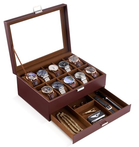 ProCase Watch Box, 10 Slot Watch Display Case with Drawer -Espresso | Mens Watches Case with Glass Lid, 2-Layer Mens Jewelry Organizer Storage Holder, Christmas Anniversary Birthday Gifts for Men
