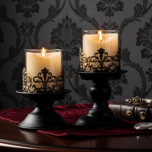Gotische Kerzenhalter Set, Vintage Kerzenständer mit Glasaufsatz, Schwarz, Metall, 2 Stück, 16.1 cm & 20.2 cm Höhe, Dekorative Ornamente
