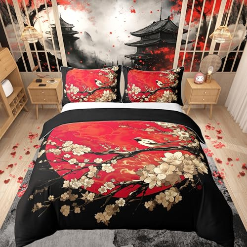richhome Japonais Ukiyoe Thème 100% Coton Parure de Lit pour Enfants Adultes Filles Femmes Style Japonais Housse de Couette 140x200cm Fleurs de Cerisier Ensemble de literie