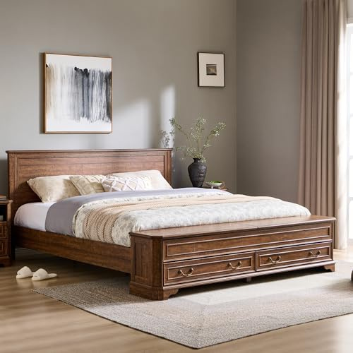 T4TREAM Farmhouse King Bed with Headboard and Storage Bench, Dark Brown