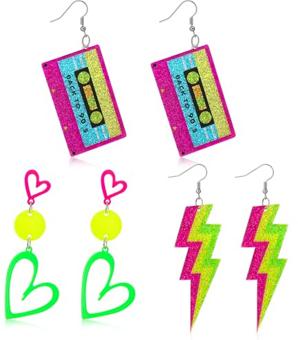 Livdouyu 3 Paar 80er 90er Jahre Neon Ohrringe Damen | Retro Ohrringe Accessoires Acryl Set mit Kassette Blitz Herz für Mottoparty Kostüm Party