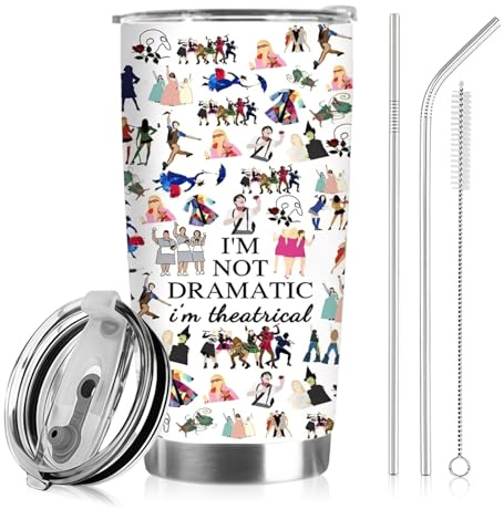 Broadway Musical Travel Cup, Stainless Steel Thermal Mug with Push-Button Lid, Straw Cap, Cleaning Brush and 2 Straw, Insulated Mug for Fans Office Home Use Birthday Christmas Musical Theatre Gifts