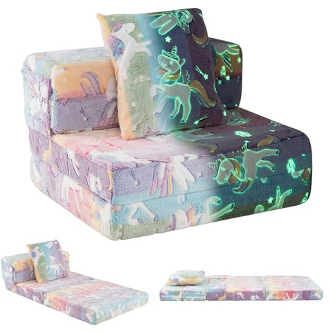 COSTWAY 3 in 1 Kindersofa im Dunkeln Leuchtend, Kindersessel ausklappbar mit Kissen & abnehmbarem Bezug, Kindercouch gepolstert mit Schlaffunktion, Spielsofa umwandelbar für Kinderzimmer (Bunt)