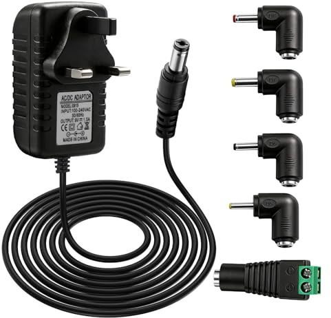 9V Power Supply Adapter 1.5A 5.5x2.1mm Power Cable Plug with 5 Tips | 100V-240V 50/60Hz AC to DC Centre Positive Charger for Arduino UNO R3 Schwinn Bike A10 140 170 Crosley Record Player