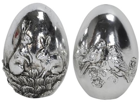 Posiwio dekoratives frühlingshaftes Dekoei Osterei aus Polyresin Silber antik mit 2 Motiven Sortiert Hasen und Vögelchen im 2-er Set