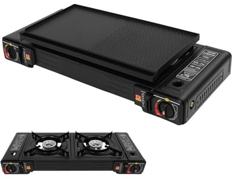 Chynalys Gaskocher 2-Flammig 2×2500W Gaskocher mit Grillplatte, Campingkocher 2 Flammig, Camping Gaskocher 2 Flammig, Überdruckschutzventil, Campingkocher für Töpfe bis 34cm