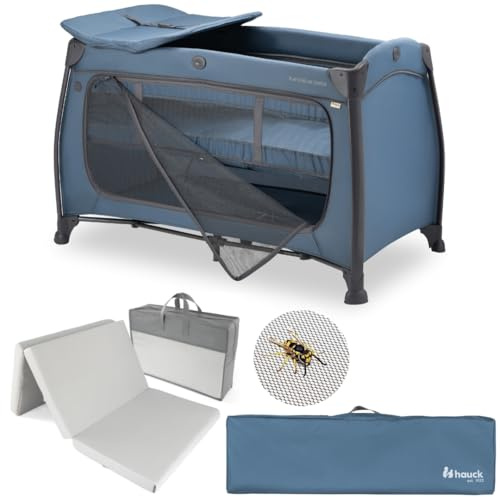 hauck Play N Relax Center Baby Reisebett Set – Dark Blue | inkl. Matratze & Insektenschutz | Kinderreisebett mit Neugeboreneneinsatz, Wickelauflage, Seiteneingang, Rollen & Tasche