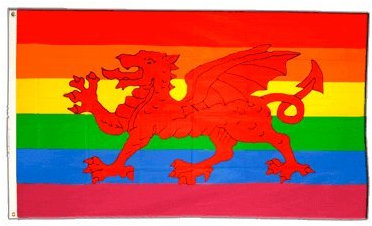 Flaggenfritze Fahne/Flagge Regenbogen mit walisischem Drachen + gratis Sticker