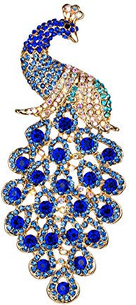 EVER FAITH Cristal Autrichien Élégant Animal Paon Plume Pendentif Broche Bleu Ton d'or