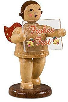 Rudolphs Schatzkiste Holzfigur Weihnachtsengel mit Weihnachtsschild und Krone Natur Höhe 6,5cm NEU Holzengel Instrument Seiffen Erzgebirge Figur Dekoration Holzfiguren Weihnachten Fensterschmuck