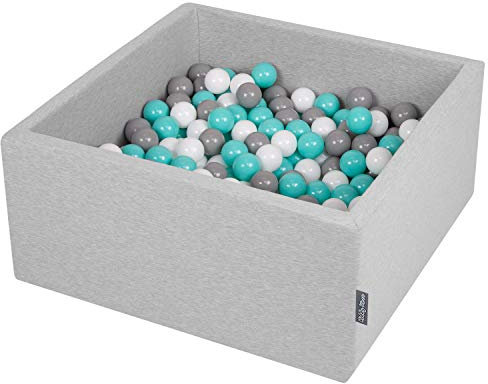 KiddyMoon Piscine à balles carrée, 90 x 40 cm, diamètre : 7 cm, avec balles colorées, fabriquée en UE, Gris Clair : Blanc, Gris, Turquoise Clair
