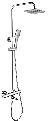 Columna de ducha con tubo redondo extensible de 80 a 120 cm. CON CAÑO y grifo termostático con desviador integrado. Ducha de mano y rociador superior cuadrados. Recambios originales garantizados