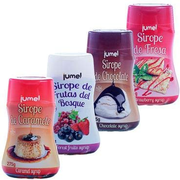 Pack de 4 unidades de Sirope JUMEL sin gluten multisabor fresa, caramelo, frutos rojos y chocolate. Formato antigoteo en botellas de 275g.