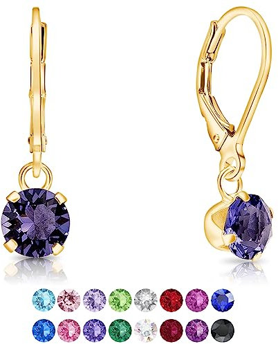 DTPSilver - Damen Klappbügel Ohrringe 925 Sterling Silber Gelb Vergoldet mit Kristallen von Swarovski® Elements 6 mm Runde - Farbe : Tansanit