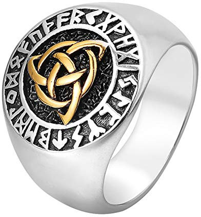 Herren Amulett Schmuck, Celtic Knot Siegelringe Wikinger Triquetra Trinity Irish Signet Runde Vintage Edelstahl Biker Ring Heidnisches Symbol Runen,Gold,10
