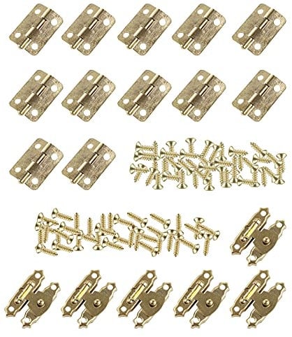 HOWDIA 12Pcs Antique Small Hinges Brass Piano Hinges Decorative with 6Pcs Mini Cabinet Latch Hasps for Small Wooden Toy Box Chest Doll House Wine Boxes(Gold)
