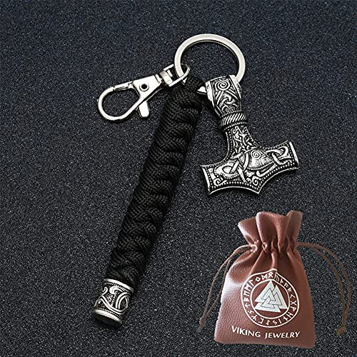 BBYOUTH Vintage Viking Mjolnir Portachiavi Intrecciata A Mano Ombrello Stringa Intrecciata All'aperto Alpinismo Auto Portachiavi Uomo Norvegese Gioielli,Nero
