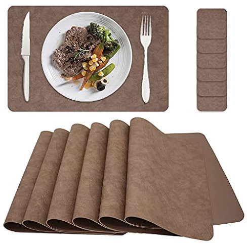 JDkilp Platzdeckchen Abwaschbar,PU Rindslederimitat Untersetzer Und Tischset 6er Set,Doppelseitigen rutschfest Platzsets Abwischbar,Grau Braun