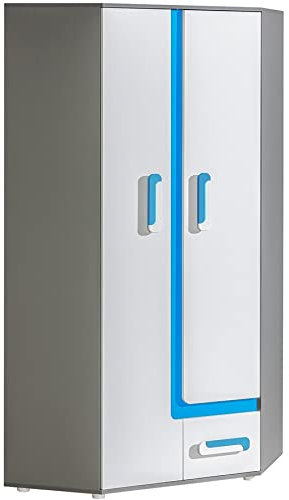 Marmex Appetito Bis 02 - Jugend-Eckkleiderschrank, Eckkleiderschrank mit Einlegeböden, mit Schublade, geräumiger Kleiderschrank (> Korpus: Anthrazit + Front: Weiß + Einsatz: Türkis)