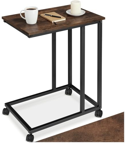 tectake Beistelltisch in C-Form aus Holz und Metall, Sofatisch auf Rollen, mobiler Laptoptisch im Industrie-Design, 48 x 35 x 70 cm, schwarzes Metallgestell (Industrial Dunkelbraun)