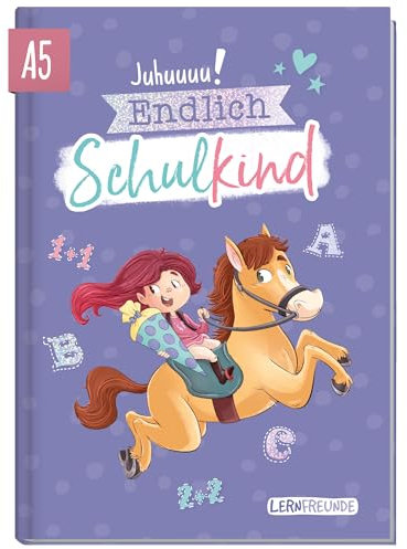 Endlich Schulkind! A5 Erinnerungsbuch zur Einschulung Pferd Lila Hardcover Einschulungsalbum Schulanfang Geschenk für die Schultüte, erster Schultag - nachhaltig & klimafreundlich