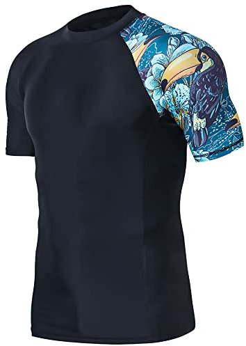 HUGE SPORTS Herren Kurzarm Splice Skins Rash Guard Shirt Schnelltrocknend Schwimmshirt Sonnenschutz Tukan 2XL