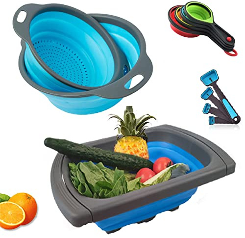 CdyBox New Version 11Pack Silicone Kitchen Strainer Collapsible Colander with Foldable Silicone Measuring Spoon Measuring Cup Kitchen Good Tools (Blue)