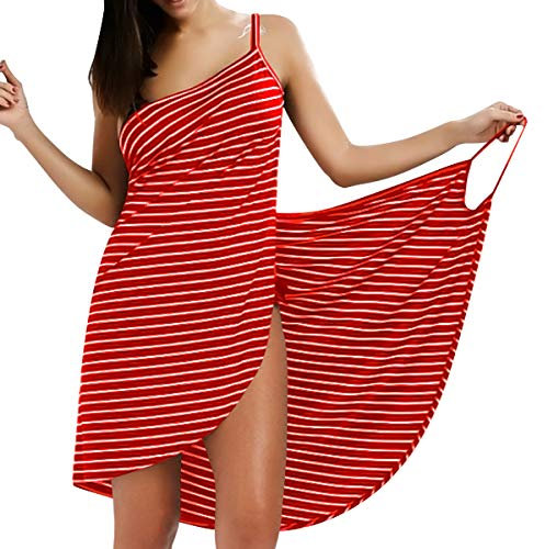 LumiSyne Strandkleider Damen Bikini Cover Ups Mode Streifen Badeanzüge Ärmellos Wickelkleid Sexy V Ausschnitt Strandponcho Pareos Lose Stil Strandrock,Schmale Fransen Rot,L