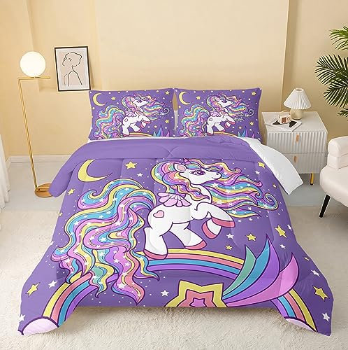 QOOMO Einhorn-Bettdecke, volle Größe, Regenbogen-Einhorn-Bettwäsche-Set für Kinder, Teenager, Mädchen, 3-teiliges Bettwäsche-Set, weich und leicht (lila, volle Größe)