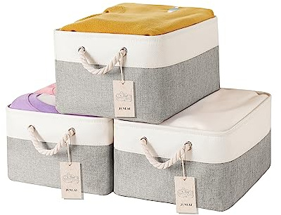 JUNLAI 3 Stück Aufbewahrungskorb Stoff mit Griffen, Faltbare Aufbewahrungsboxen, Kleiderschrank Aufbewahrungskörbe für Büro & Haus, Buch, Kleidung, Spielzeug (Grau Weiß, Mittel)