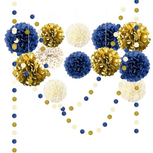 NICROLANDEE 15 PCS Navy Blue Gold Tissue Paper Pom Poms for Men Birthday, Baby Bridal Shower, Wedding, Bachelorette, Graduations, Navy Blue Engagement Party Backdrop Dot Paper Decorations