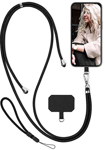 moex Unleash für Samsung Galaxy A40 Handyband zum Umhängen ohne Hülle, Handykette Universal mit Karabiner, Handy Band abnehmbar, Kette mit Pad für Handyhülle, Schwarz, Silber