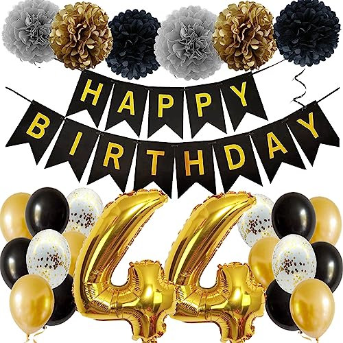 Feelairy 44. Geburtstag Deko Set, Schwarz-Gold, 27 Stück, Ballon-Set, Party Deko, Erwachsene, Unisex